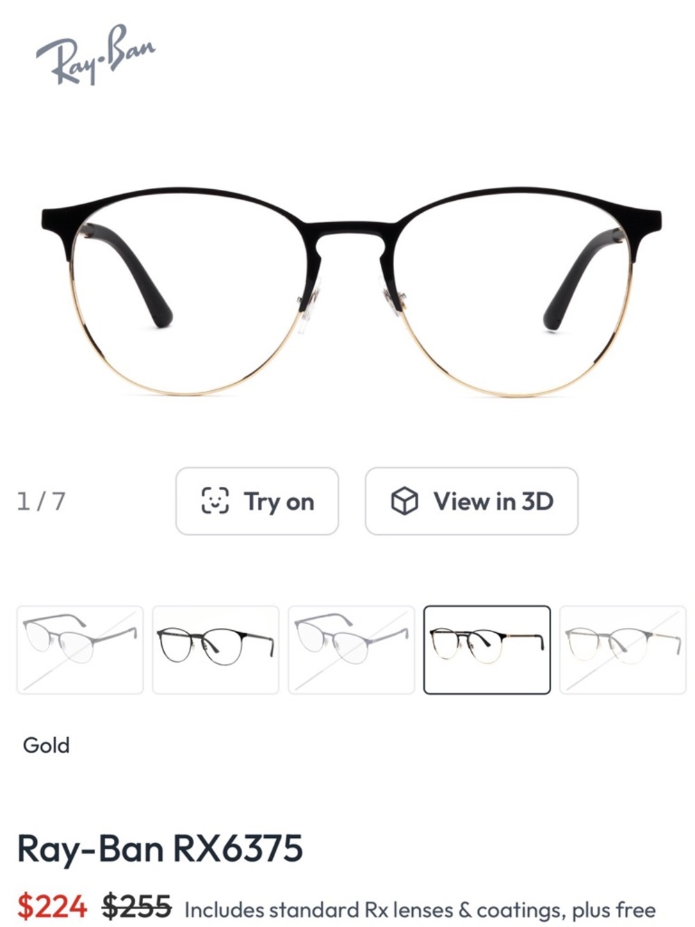 Ray-Ban Black & Gold Round Metal Optical Glasses RX6375
